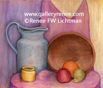 "Blue Pitcher Wooden Bowl" Pastels on Pastel Paper, Original Art Gallery, Still Life Art Gallery,Fine Art for Sale from Artist Renee FW Lichtman