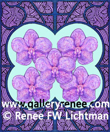 "Five Vandas"  Ballpoint Pen and Pen and Ink with Digital Recomposition, Botanical and Floral Art Gallery, Artist Renee FW Lichtman