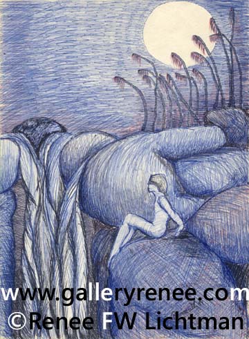 "Rock Nymph" Ballpoint Pens, Ballpoint Pen Art, Fantasy Art, Figurative and Portrait Art, Original Art Gallery, Fine Art for Sale from Artist Renee FW Lichtman