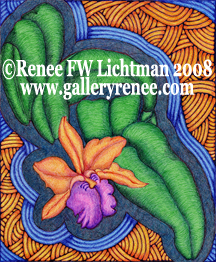 "Stained Glass Cattleya" Ballpoint Pen Art, Orchid Art Gallery, Artist Renee FW Lichtman