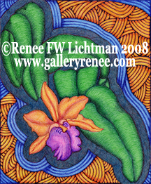 "Stained Glass Cattleya" Ballpoint Pen Drawing, Ballpoint Pen Art Gallery, Fine Art for Sale from Artist Renee FW Lichtman