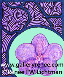 "Stained Glass Vanda Aqua" Ballpoint Pen and Digital Recomposition, Ballpoint Pen Art Gallery, Fine Art for Sale from Artist Renee FW Lichtman