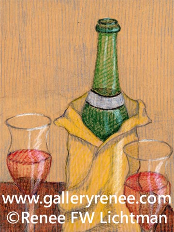 "Wine and Glasses" Crayon On Brown Paper, Still Life Art Gallery, Fine Art for Sale from Artist Renee FW Lichtman
