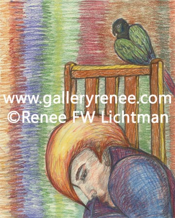 "Bird Watching " Pastels on Drawing Paper, Fantasy Art Gallery, Figurative and Portrait Art Gallery,Original Art Gallery, Fine Art for Sale from Artist Renee FW Lichtman