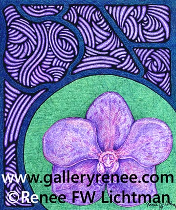 "Stained Glass Vanda Green" Ballpoint Pen and Pen and Ink, Ballpoint Pen Art,Botanical and Floral Art,Orchid Art, Original Art,Fine Art for Sale from Artist Renee FW Lichtman